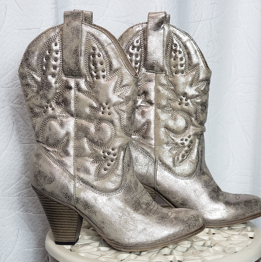 Metallic Embossed Mid Calf Boots